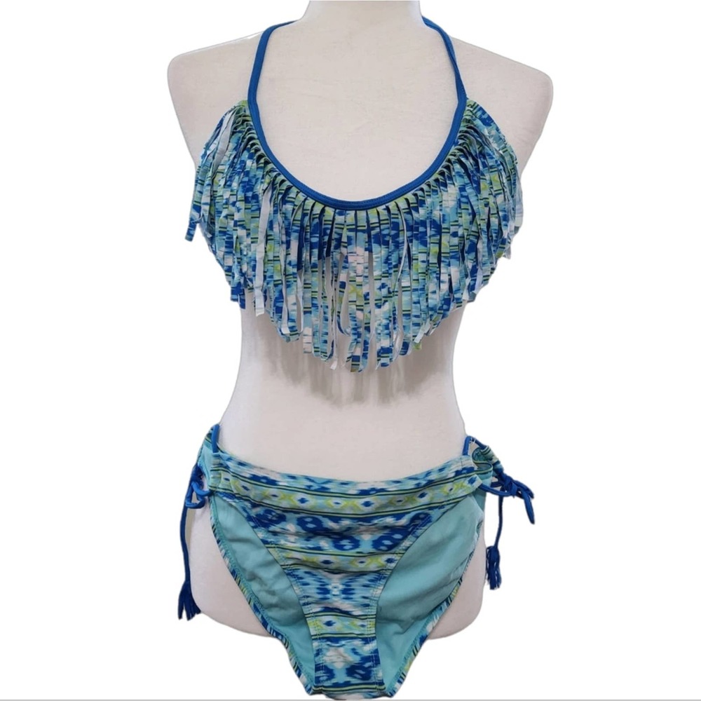Raisins Fringe Halter Bikini Top and Bottom in Green/Blue - NWOT